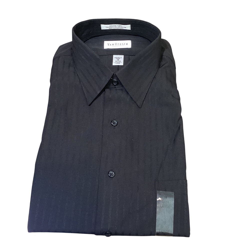 Van Heusen Dress Shirt Mens 16 32/33 Black New Sateen Stripe Wrinkle Free